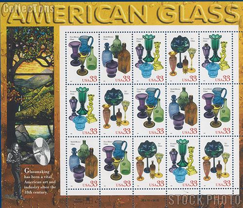 1999 American Glass 33 Cent US Postage Stamp MNH Sheet of 15 Scott #3325-#3328