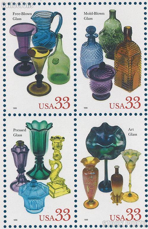 1999 American Glass 33 Cent US Postage Stamp MNH Sheet of 15 Scott #3325-#3328