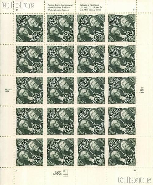 1994 Presidents Washington and Jackson $5 US Postage Stamp MNH Sheet of 20 Scott #2592
