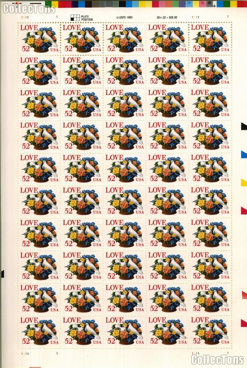 1994 Dove and Roses - Love Series 52 Cent US Postage Stamp MNH Sheet of 50 Scott #2815