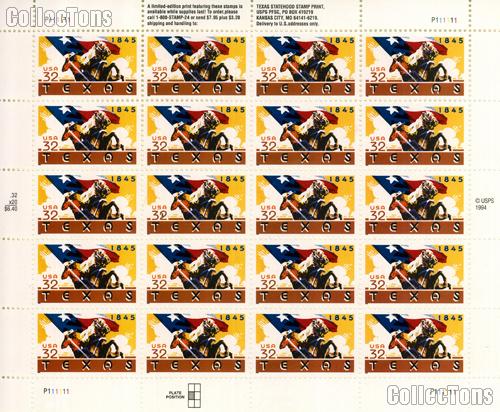 1995 Texas Statehood 32 Cent US Postage Stamp MNH Sheet of 20 Scott #2968
