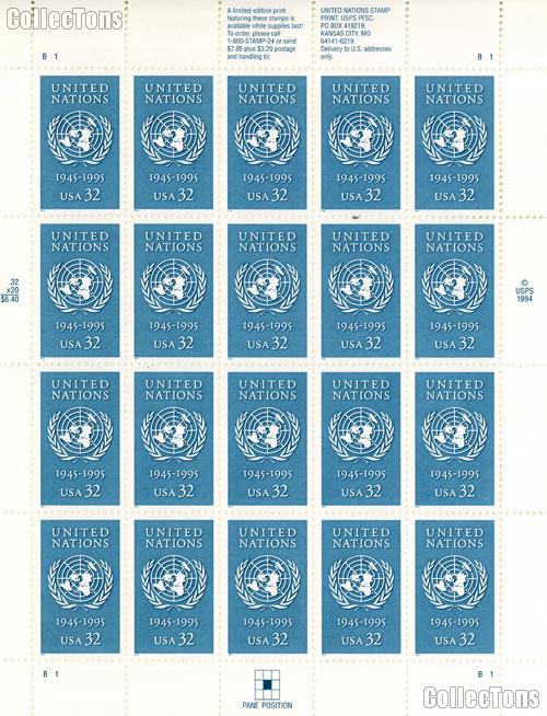 1995 United Nations UN 50th Anniversary 32 Cent US Postage Stamp MNH Sheet of 20 Scott #2974