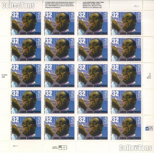 1995 Louis Armstrong - American Music Series 32 Cent US Postage Stamp MNH Sheet of 20 Scott #2982