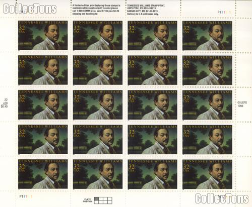 1995 Tennessee Williams - Literary Arts Series 32 Cent US Postage Stamp MNH Sheet of 20 Scott #3002