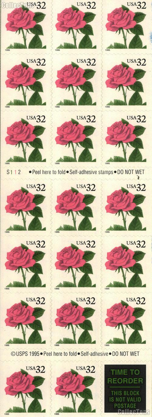 1995 Pink Rose -  Flora and Fauna Series 32 Cent US Postage Stamp Unused Booklet of 20 Scott #2492a