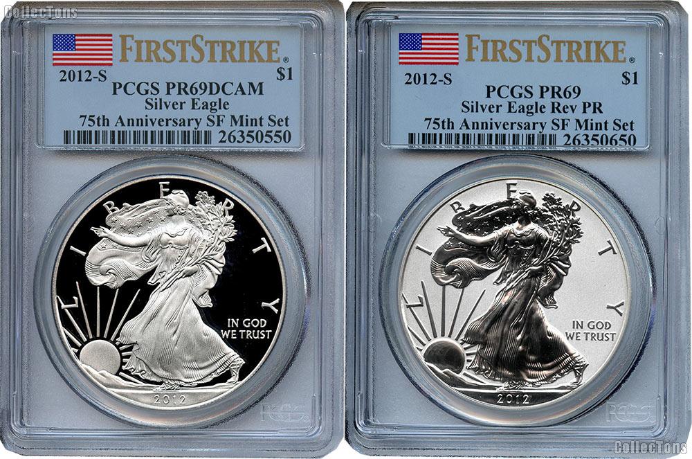 2012-S American Silver Eagle San Francisco 75th Anniversary Set (2 Coins) Proof and Reverse Proof FIRST STRIKE in PCGS PR 69 Deep Cameo (DCAM) & PR 69