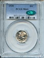 1938 Mercury Silver PROOF Dime in PCGS PR 65 with CAC Verification Sticker