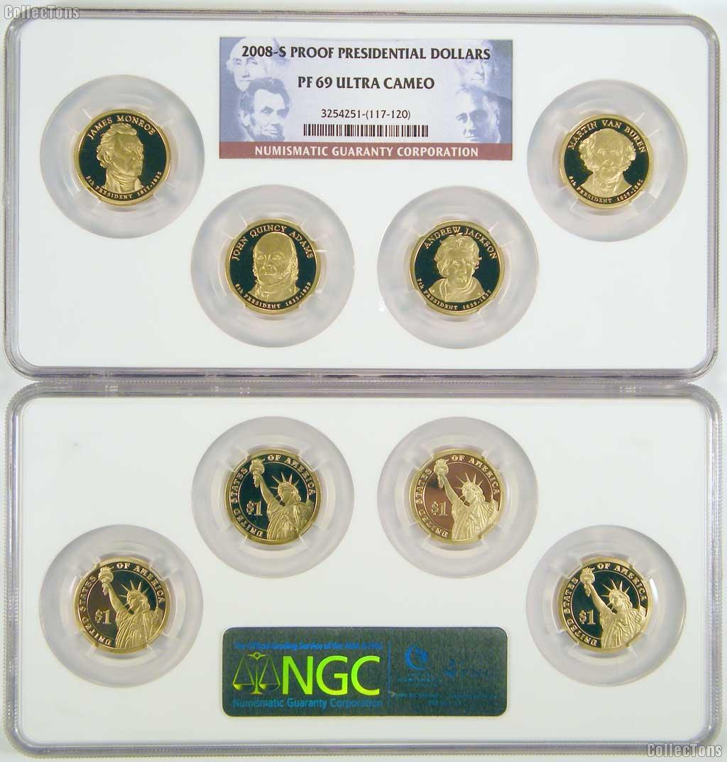 2008-S Proof Presidential Dollar Complete 4-Coin Set in NGC PF 69 Ultra Cameo Multi-Slab Holder