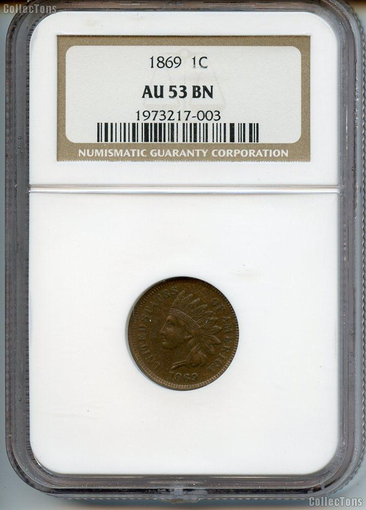 1869 Indian Head Cent in NGC AU 53 BN (Brown)