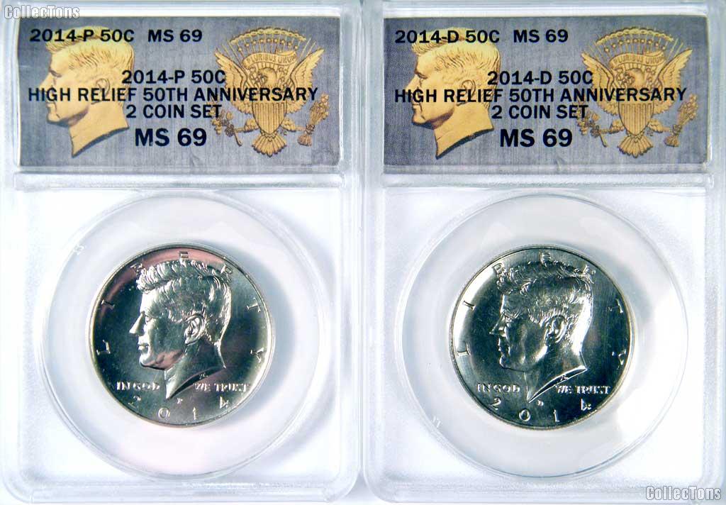 2014 P&D Kennedy Half Dollar High Relief 50th Anniversary Edition 2-Coin Set in ANACS MS 69