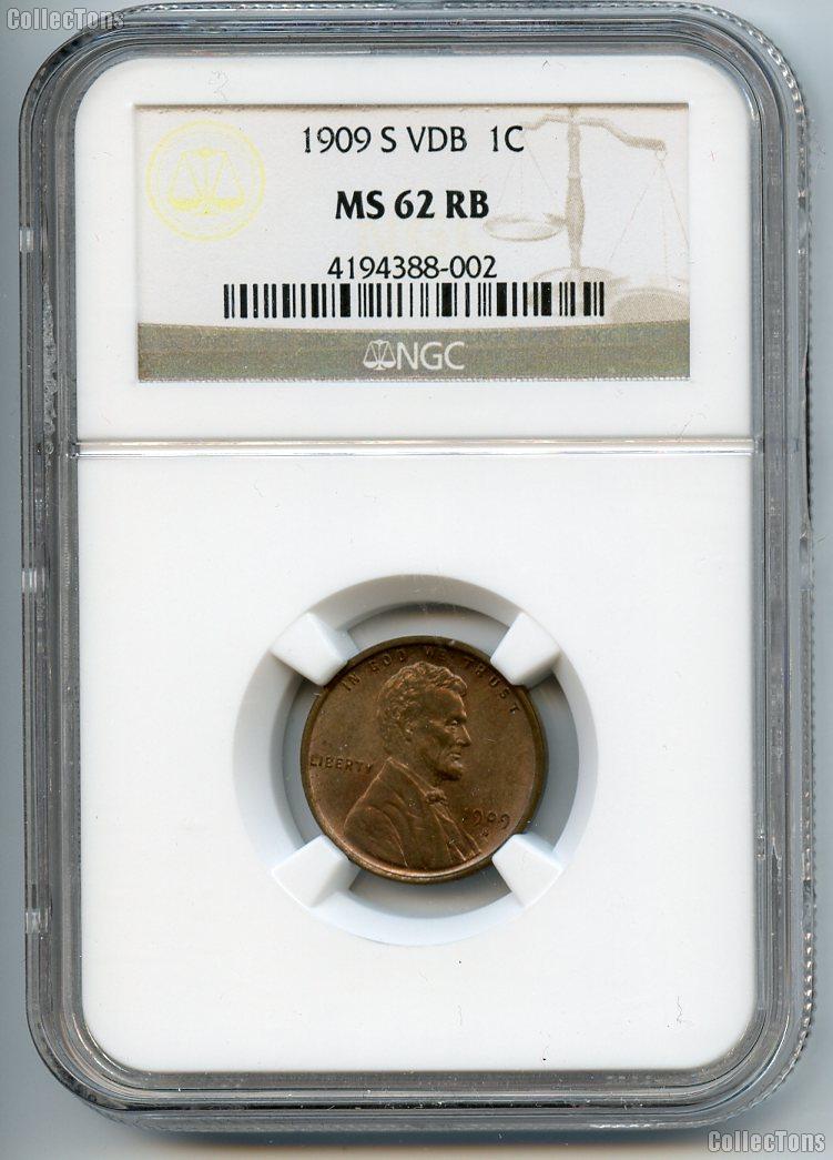 1909-S VDB Lincoln Wheat Cent KEY DATE in NGC MS 62 RB (Red Brown)