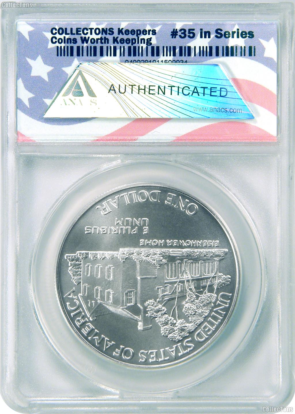 CollecTons Keepers #35: 1990-W Commemorative Eisenhower Centennial Silver Dollar Certified in Exclusive ANACS Brilliant Uncirculated Holder