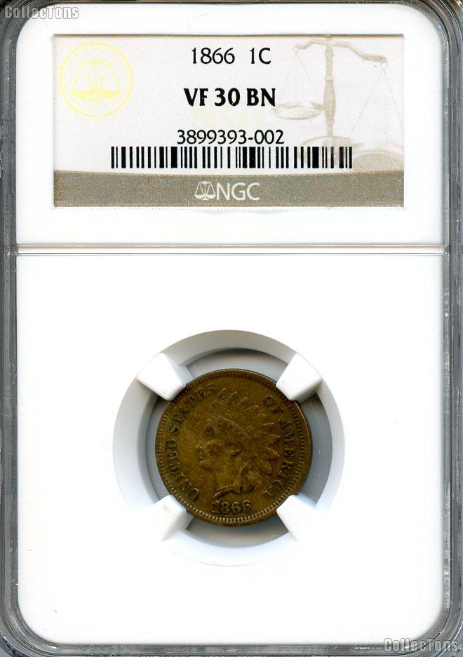 1866 Indian Head Cent in NGC VF 30 BN (Brown)
