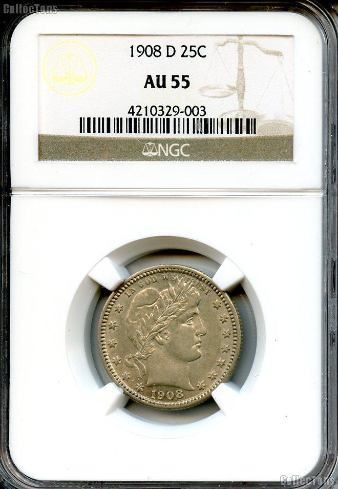 1908-D Barber Silver Quarter in NGC AU 55