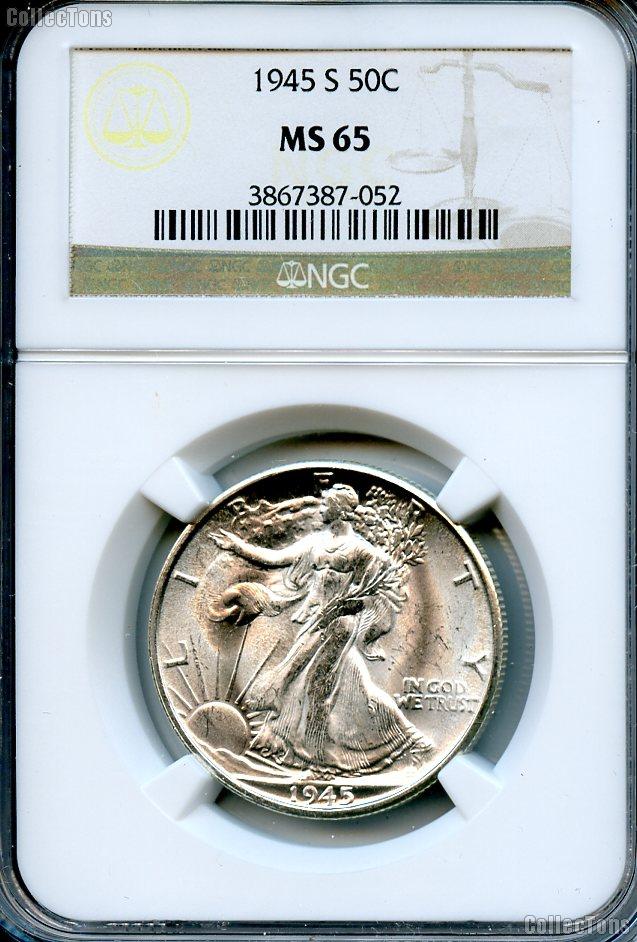 1945-S Walking Liberty Silver Half Dollar in NGC MS 65