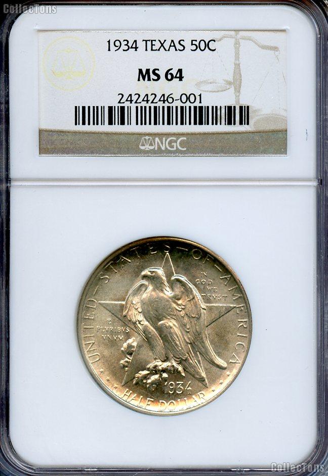 1934 Texas Independence Centennial Silver Commemorative Half Dollar in NGC MS 64