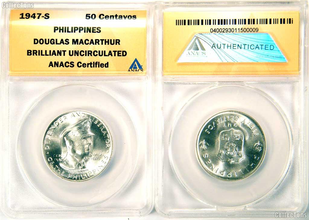 1947-S Philippines Silver 50 Centavos Douglas MacArthur in ANACS Brilliant Uncirculated