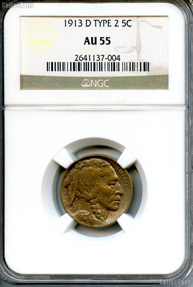 1913-D Type 2 Buffalo Nickel in NGC AU 55