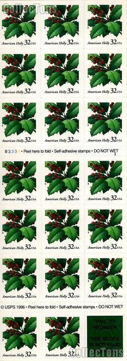 1997 Holly - Christmas Series 32 Cent US Postage Stamp Unused Booklet of 20 Scott #3177a