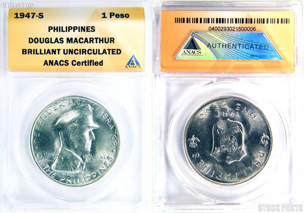 1947-S Philippines Silver 1 Peso Douglas MacArthur in ANACS Brilliant Uncirculated