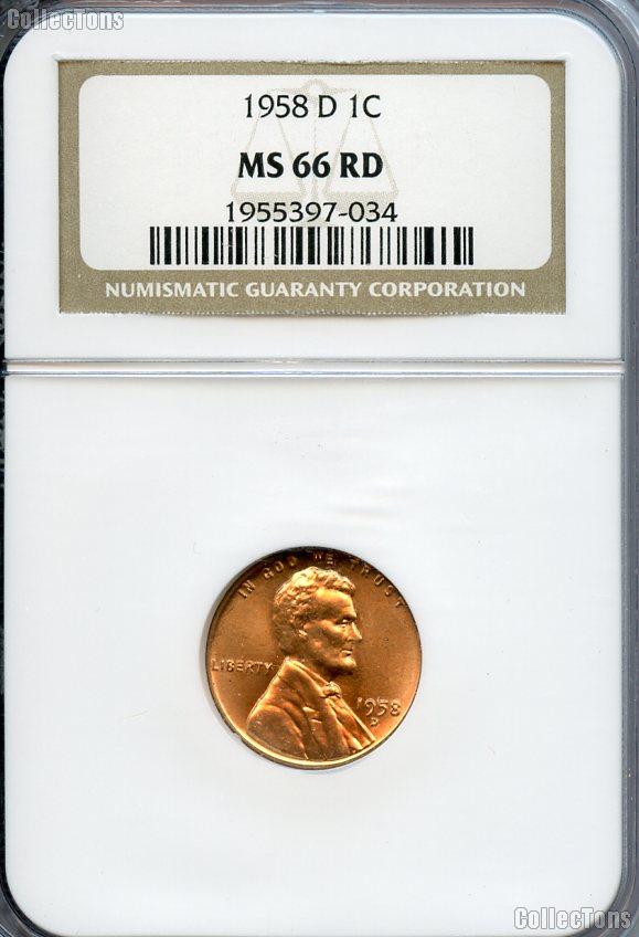 1958-D Lincoln Wheat Cent in NGC MS 66 RD
