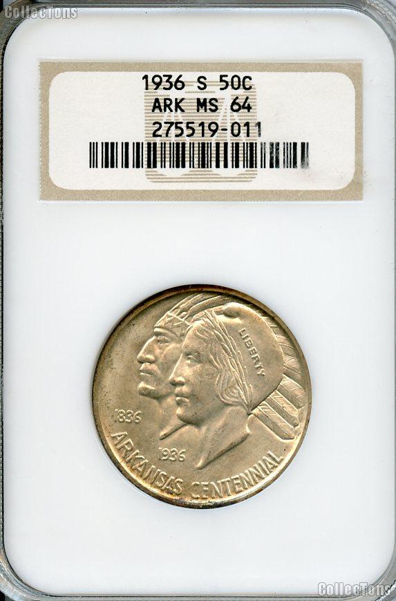 1936-S Arkansas Centennial Silver Commemorative Half Dollar in NGC MS 64