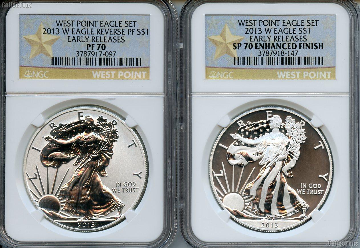 2013-W American Silver Eagle West Point Set (2 Coins) Reverse Proof and Enhanced EARLY RELEASES in Gold STAR NGC PF 70 & SP 70
