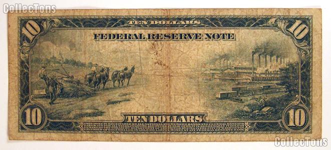 Ten Dollar Bill Federal Reserve Note Blue Seal Large Size Series 1914 US Currency Good or Better