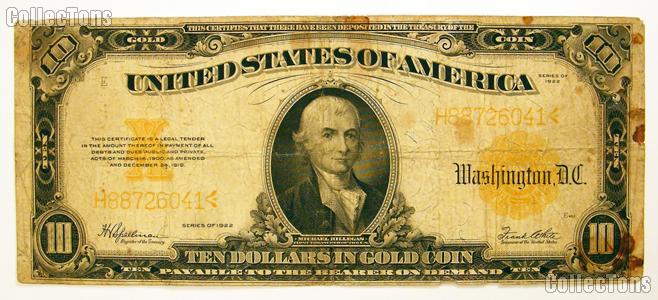 Ten Dollar Bill Gold Certificate Large Size - $10 Series 1922