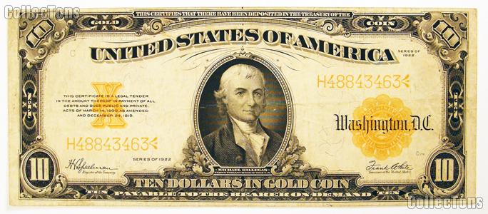 Ten Dollar Bill Gold Certificate Large Size Series 1922 US Currency Good or Better