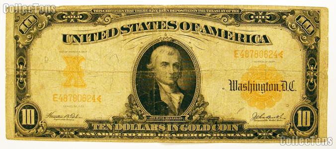 Ten Dollar Bill Gold Certificate Large Size Series 1907 US Currency