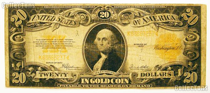 Twenty Dollar Bill Gold Certificate Large Size Series 1922 US Currency Good or Better