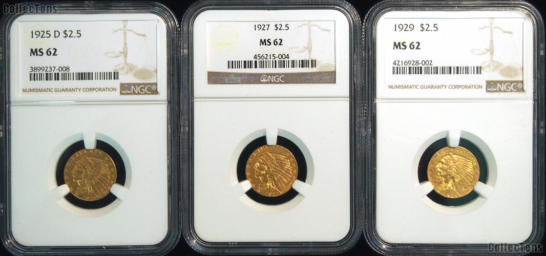 $2.50 Gold Indian Head Quarter Eagles in NGC MS 62