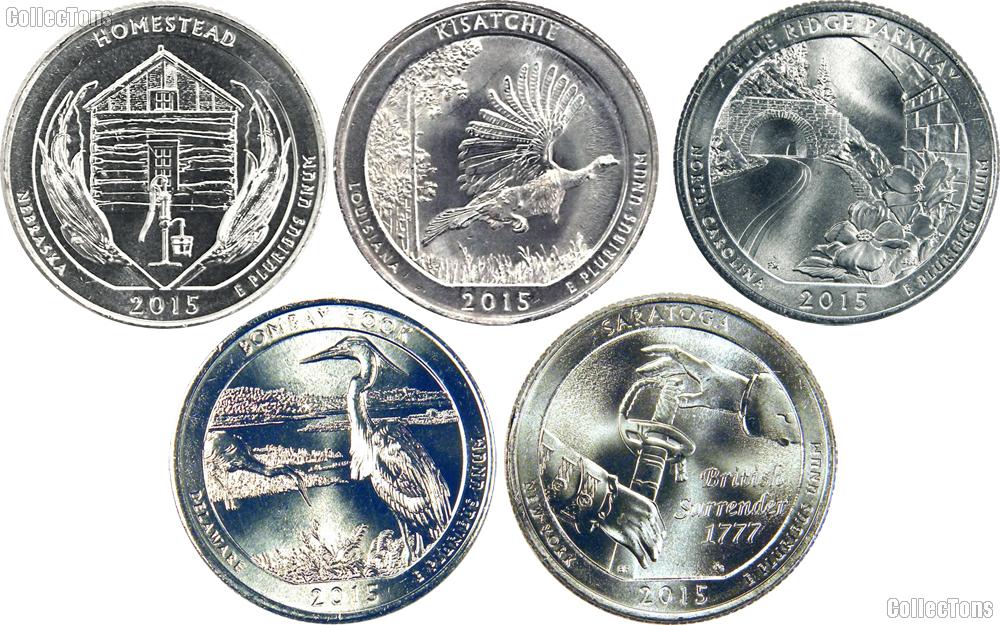 2015 National Park Quarters Complete Set Philadelphia (P) Mint  Uncirculated (5 Coins) NE, LA, NC, DE, NY