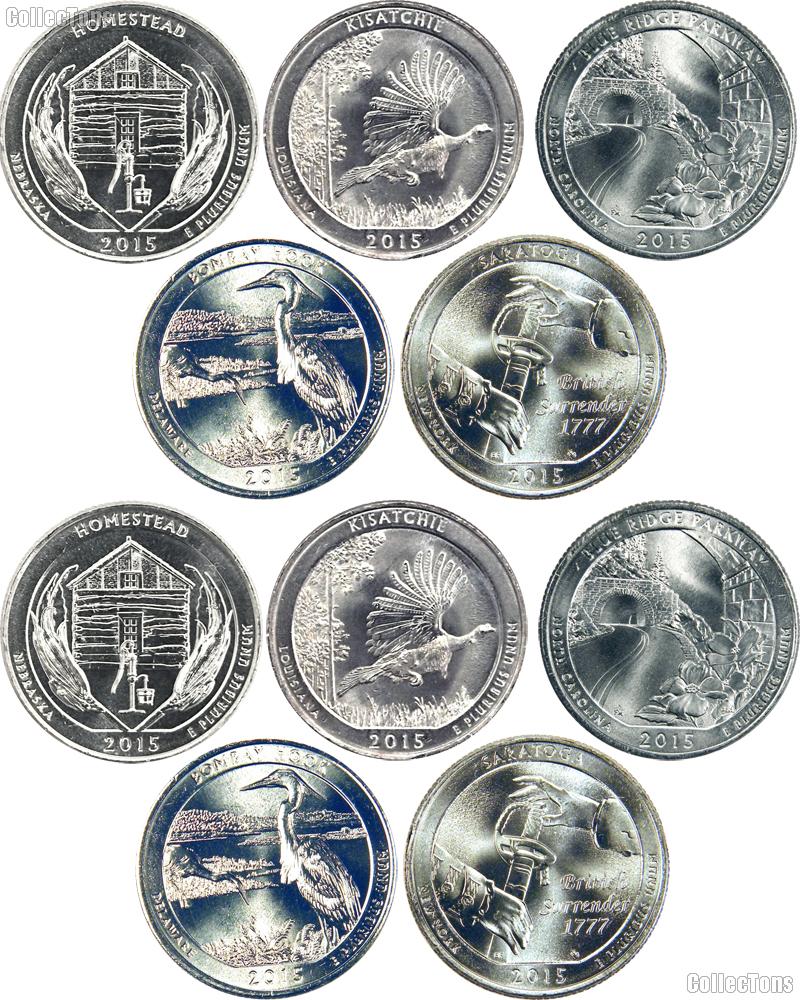 2015 National Park Quarters Complete Set P & D Uncirculated (10 Coins) NE, LA, NC, DE, NY