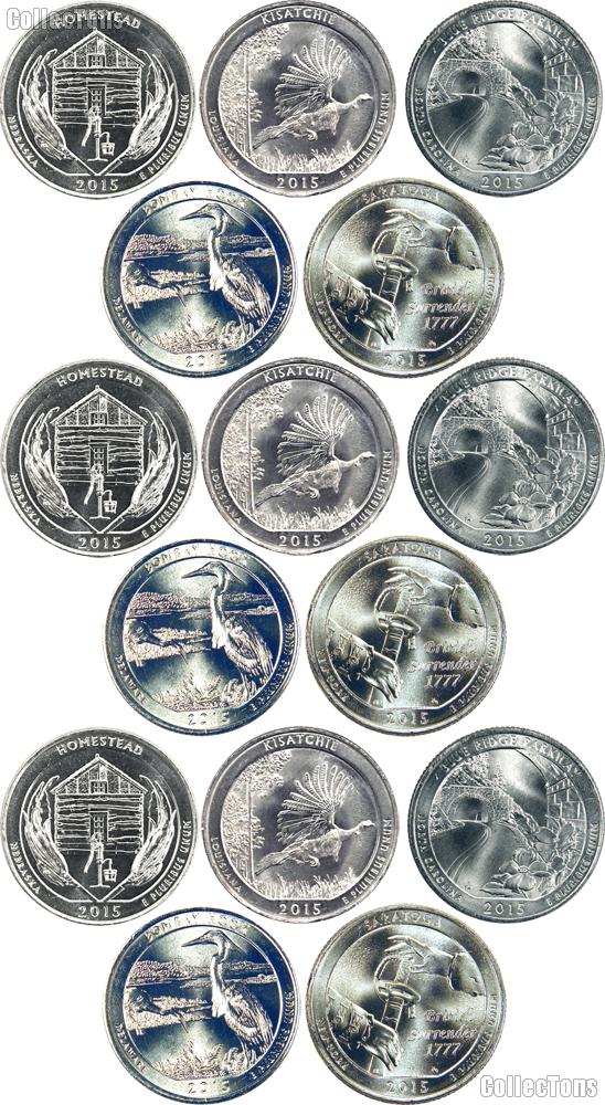 2015 National Park Quarters Complete Set P & D & S Uncirculated (15 Coins) NE, LA, NC, DE, NY