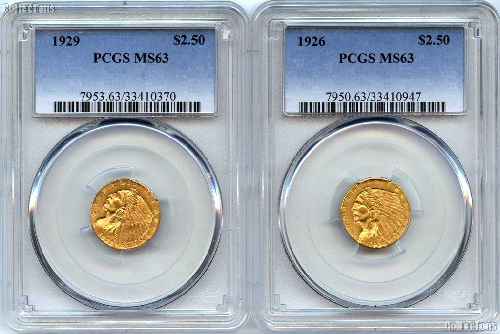 $2.50 Gold Indian Head Quarter Eagles in PCGS MS 63