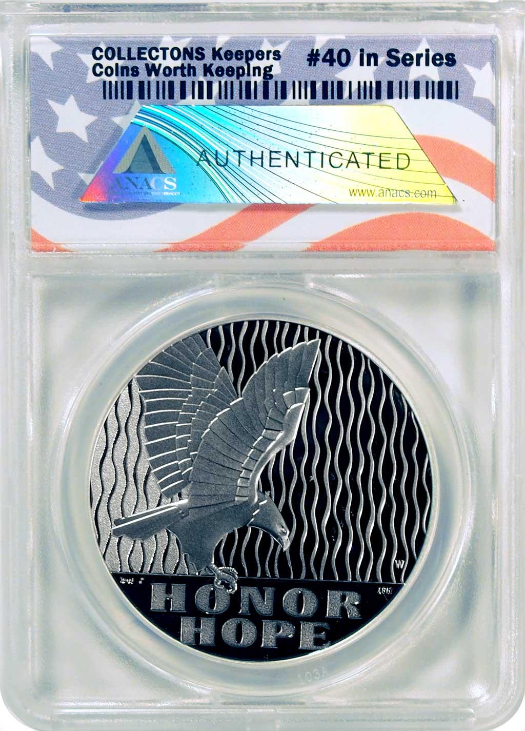 CollecTons Keepers #40: 2011-W September 11 National Medal - 1 ounce Silver Proof Certified in Exclusive ANACS GEM Proof Holder