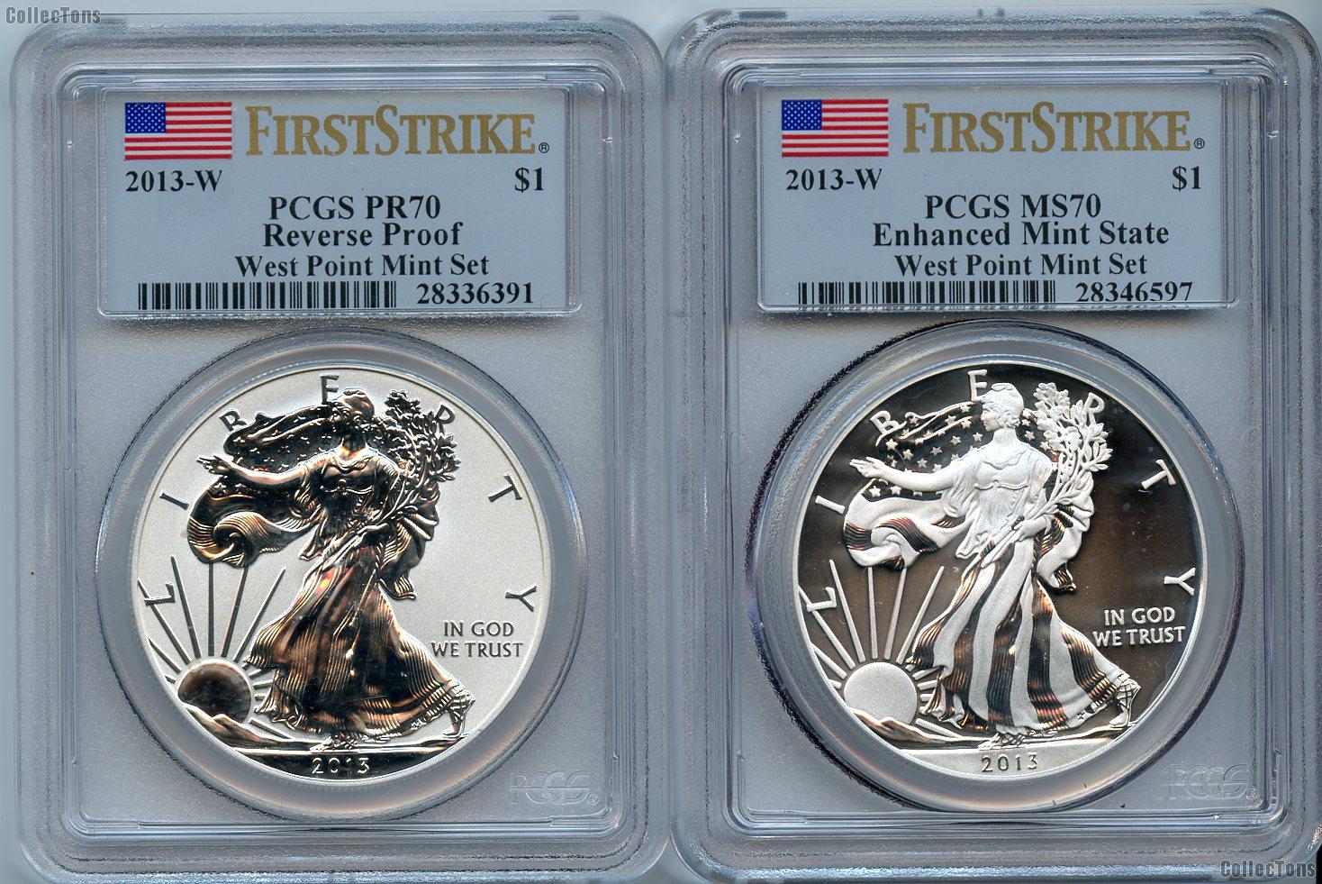 2013-W American Silver Eagle West Point 75th Anniversary Set (2 Coins) Reverse Proof and Enhanced Mint State First Strike in PCGS PR 70 & MS 70