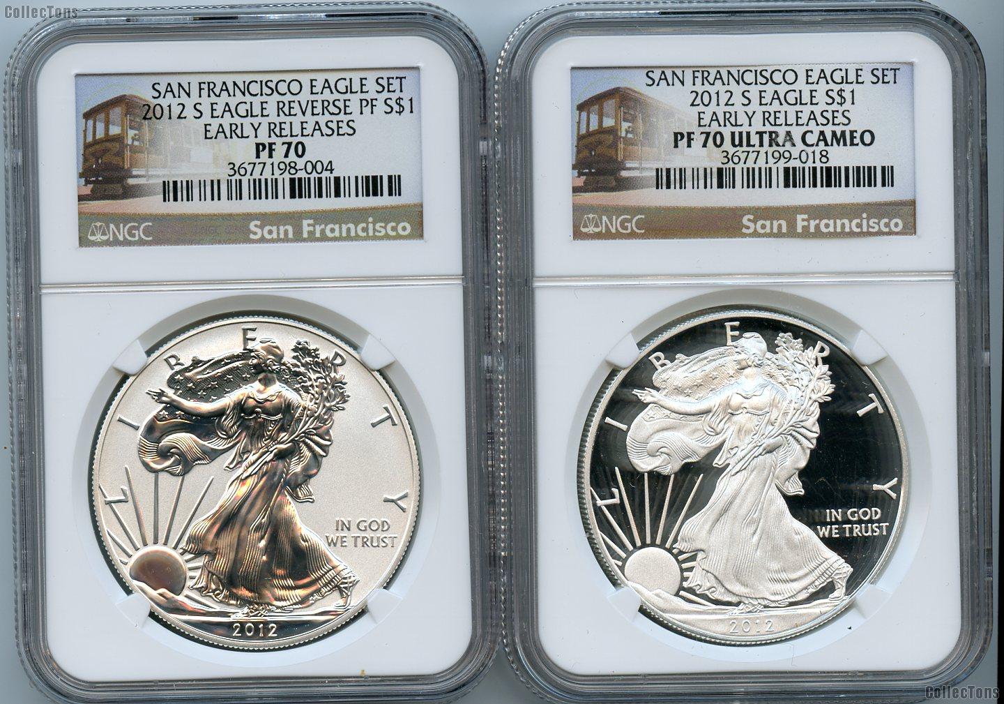 2012-S American Silver Eagle San Francisco 75th Anniversary Set (2 Coins) Proof and Reverse Proof Early Releases in NGC PF 70 ULTRA CAMEO & PF 70