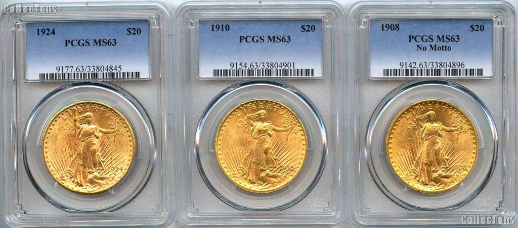 $20 Gold Saint Gaudens Double Eagles in PCGS MS 63