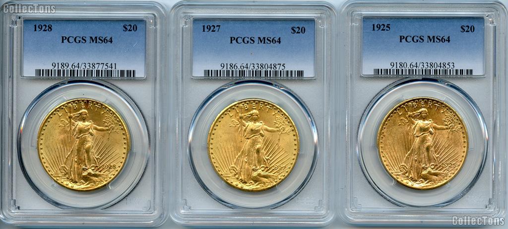 $20 Gold Saint Gaudens Double Eagles in PCGS MS 64