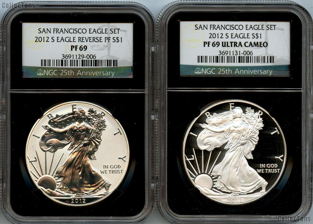 2012-S American Silver Eagle San Francisco 75th Anniversary Set (2 Coins) Proof and Reverse Proof in NGC PF 69 ULTRA CAMEO & PF 69 Retro Holders