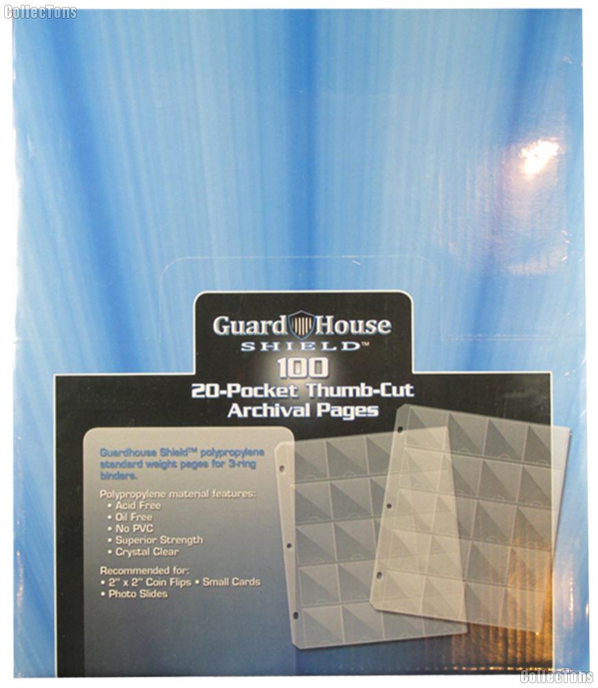 20 Pocket Thumb-Cut Coin Pages for 2x2 Holders by GuardHouse Shield - Box of 100 Pages