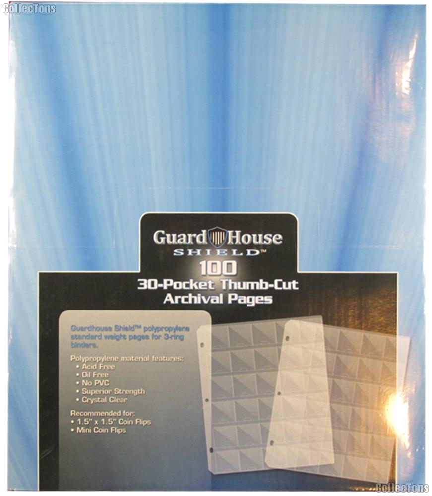 30 Pocket Thumb-Cut Coin Pages for 1.5x1.5 Holders by GuardHouse Shield - Box of 100 Pages