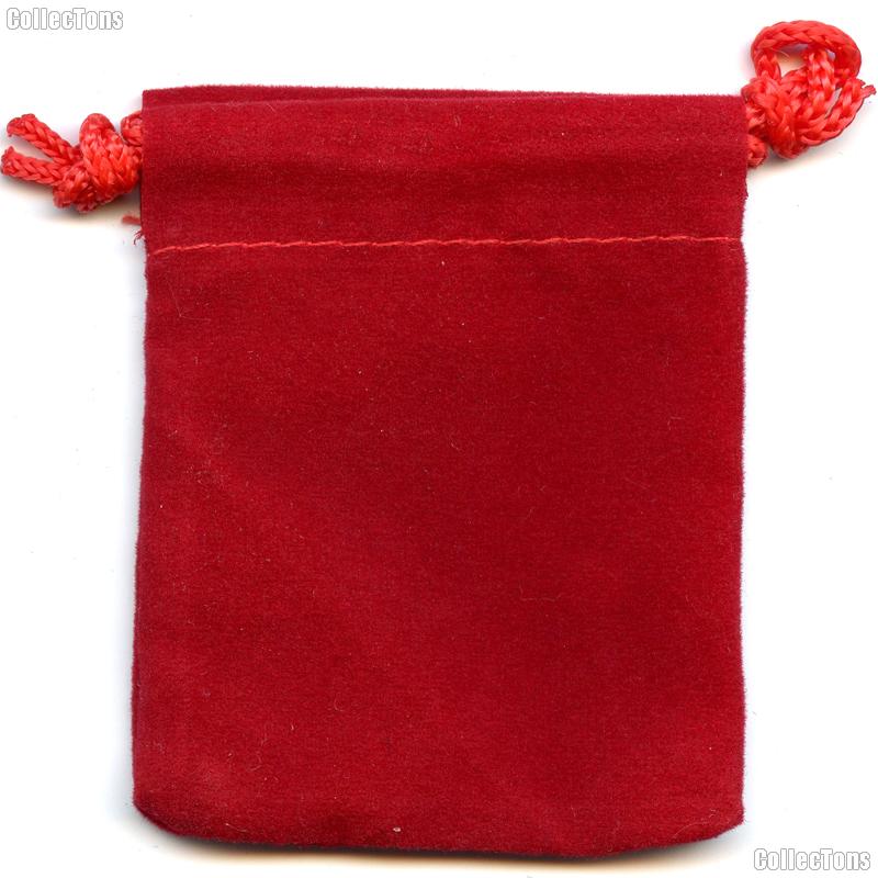 Drawstring Pouch 4 x 5 1/2 Red Velour Bag for Coins & Valuables