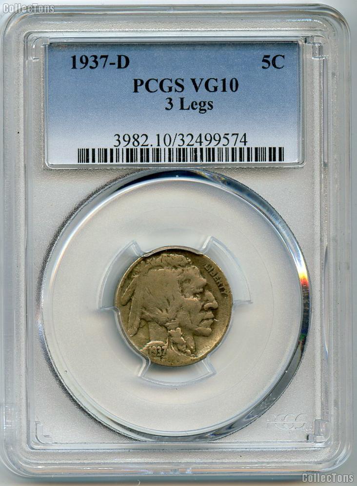 1937-D Buffalo Nickel Rare 3 Legged in PCGS VG 10 3 Legs