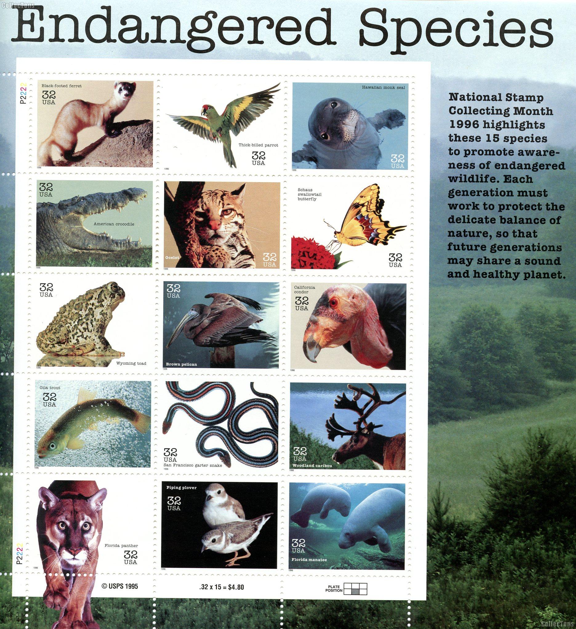1996 Endangered Species 32 Cent US Postage Stamp MNH Sheet of 15 Scott #3105