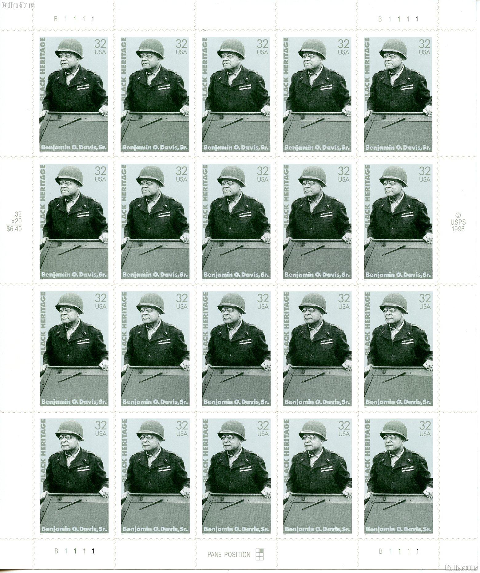 1997 Benjamin O. Davis Sr. 32 Cent US Postage Stamp Unused Sheet of 20 Scott #3121