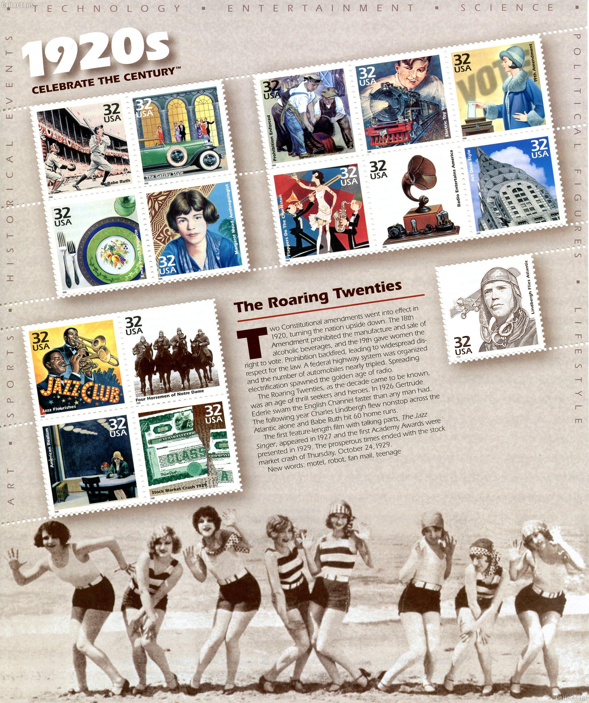 1998 1920s Celebrate the Century 32 Cent US Postage Stamp Unused Sheet of 15 Scott #3184